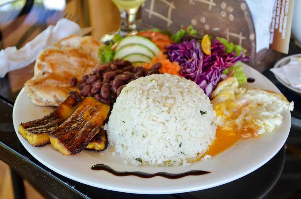 Costa Rican casado plate with grilled fish, rice, black beans, and fresh salad